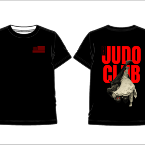 Front view of a black T-shirt with a small red American flag on the left chest area.