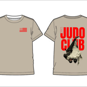Beige T-shirt front: small red American flag on the left chest; back: large red 'DODO CLUB' text with a grayscale person performing a tumbling move at the bottom right.