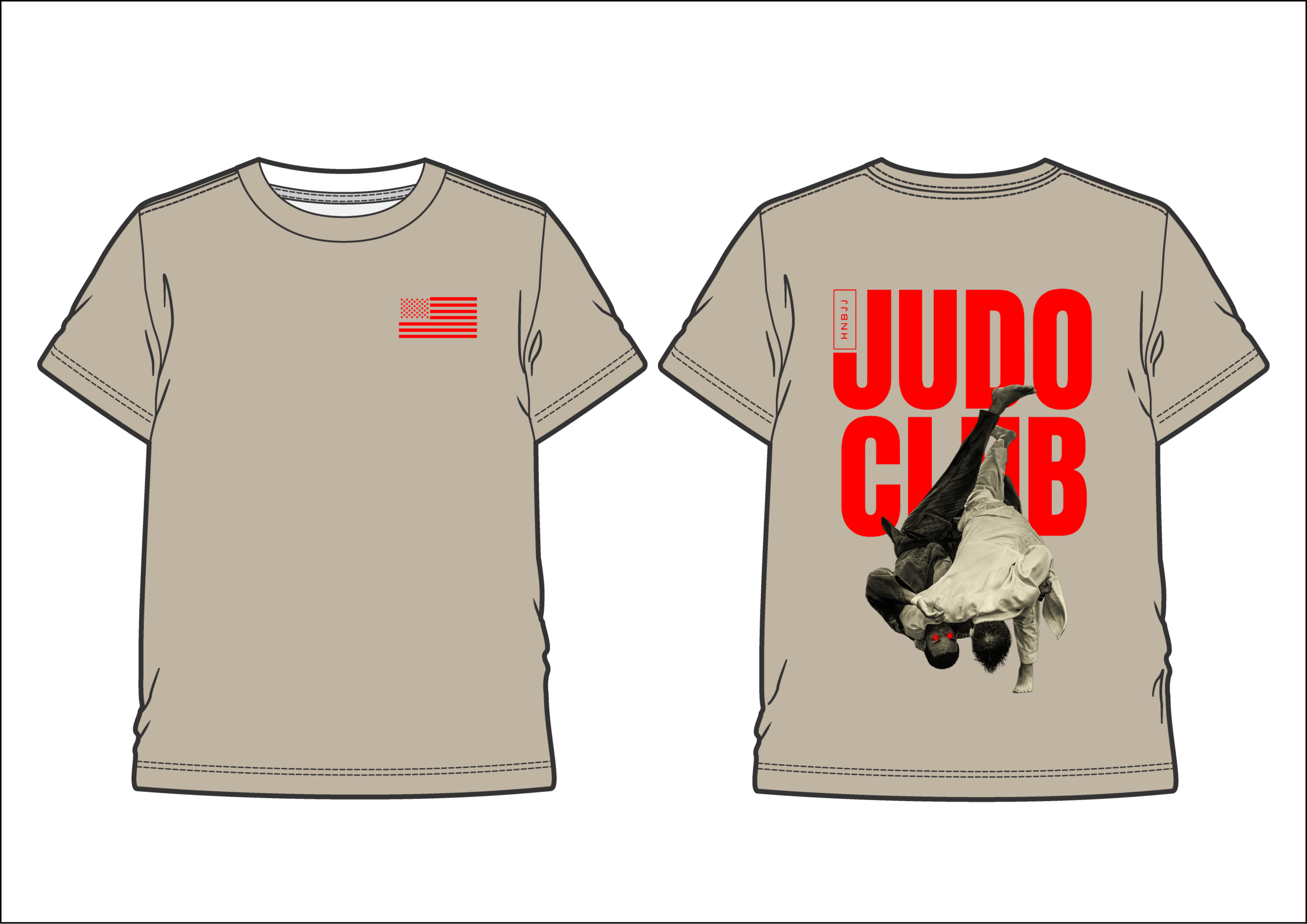 Beige T-shirt front: small red American flag on the left chest; back: large red 'DODO CLUB' text with a grayscale person performing a tumbling move at the bottom right.