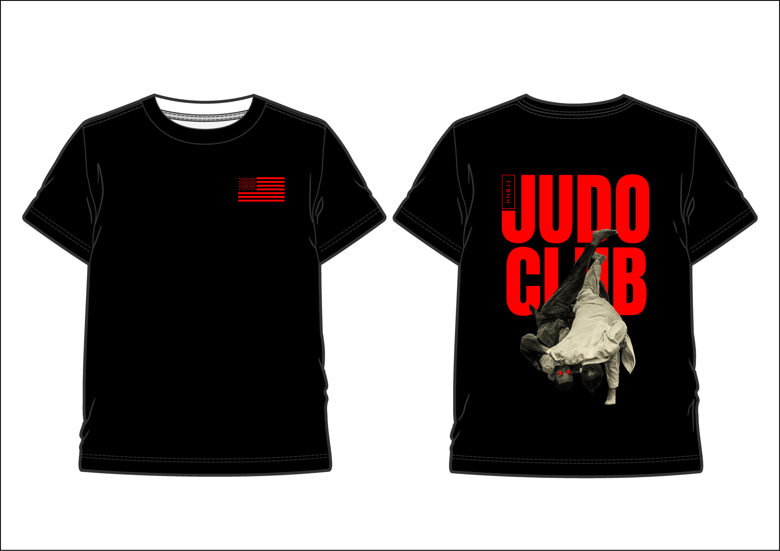 Front view of a black T-shirt with a small red American flag on the left chest area.